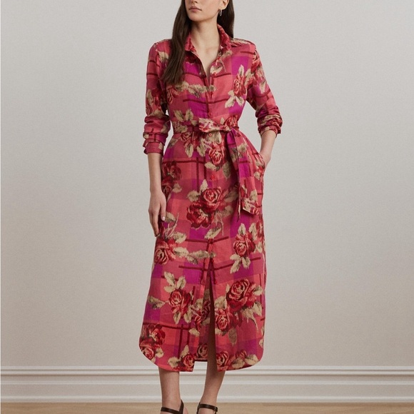 Ralph Lauren Dresses & Skirts - Ralph Lauren Pink Floral Belted Long-Sleeve Shirt Dress